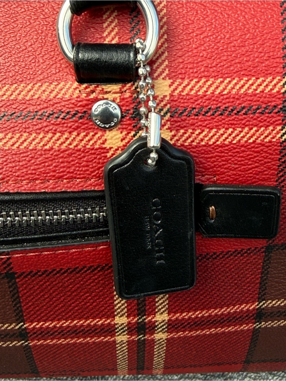 Coach Medium Rowan Satchel in a tartan plaid print featuring black leather trim. - Picture 3 of 12